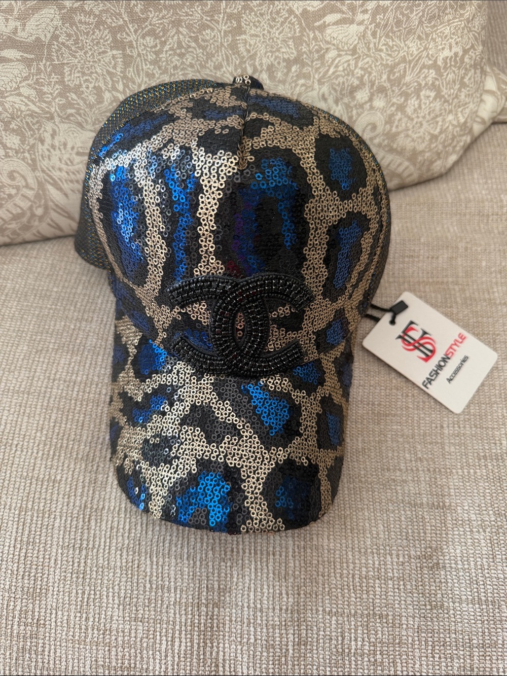 Sequin Leopard Print Baseball Cap in Blue and Gold